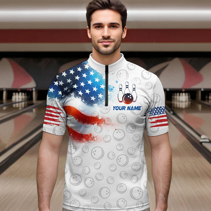American Bowling Shirt Patriotic Bowling Shirts for Men Women Bowling Polo 1/4 Zip Shirt MBL26