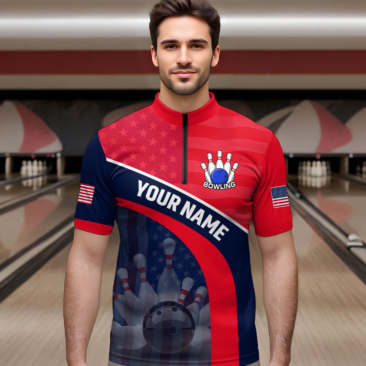 Personalized US Flag Bowling Jersey for Men Bowling Gifts Bowling Team Jersey with Name Polo & 1/4 Zip HNT28