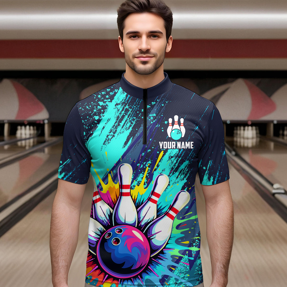 Custom Teal Bowling Shirt for Women Men Bowling Water Color Bowling Polo & 1/4 Zip Shirts MBL37