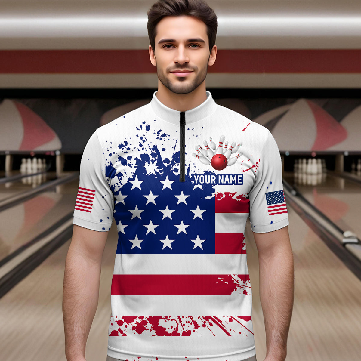 Patriotic Bowling Shirt Custom American Flag Bowling Shirts for Women Men Polo&1/4 Zip MBL07