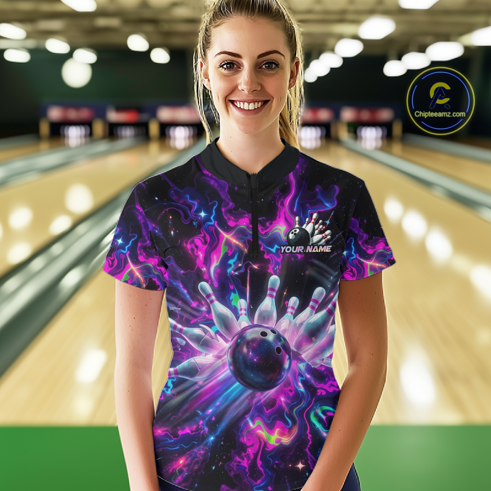 Custom Watercolor Pink Purple Bowling Jersey for Women Bowling Team Shirts Polo & 1/4 Zip HNT268