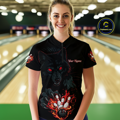 Custom Flame Wolf  Bowling Jersey for Women Bowling Uniform Polo & 1/4 Zip Bowling Team Shirts HNT144