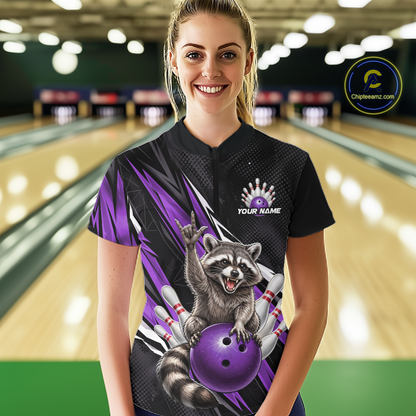 Custom Purple Raccoon Bowling Jersey for Women Bowling Team Shirts Bowling Polo & 1/4 Zip HNT254