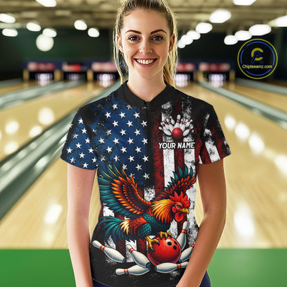 Custom Rooster US Flag Bowling Jersey for Women Bowling Team Shirts Bowling Polo & 1/4 Zip HNT259