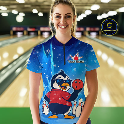 Funny Christmas Penguin Bowling Shirt for Women Custom Bowling Team Jersey Bowling Unisex QZT796