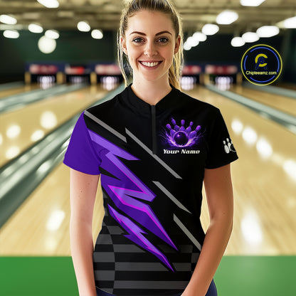 Black and Purple Lightning Bowling Polo, 1/4 Zip Shirt for Women Custom Bowling Team League Jersey NQS10907