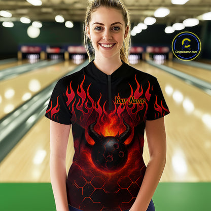 Red Flame Demon Bowling Ball Shirt for Women Custom Bowling Team Jersey Bowling Outfit QZT758