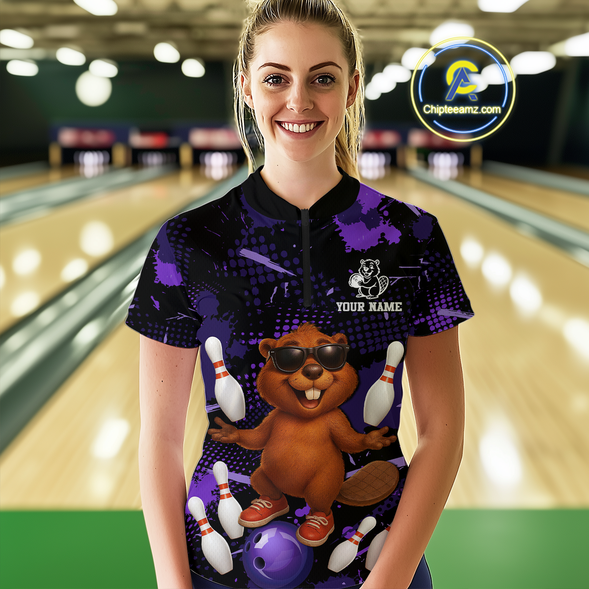 Custom Purple Funny Beaver Bowling Team Shirt Women Bowling League Jersey Polo Bowling Outfit QZT764