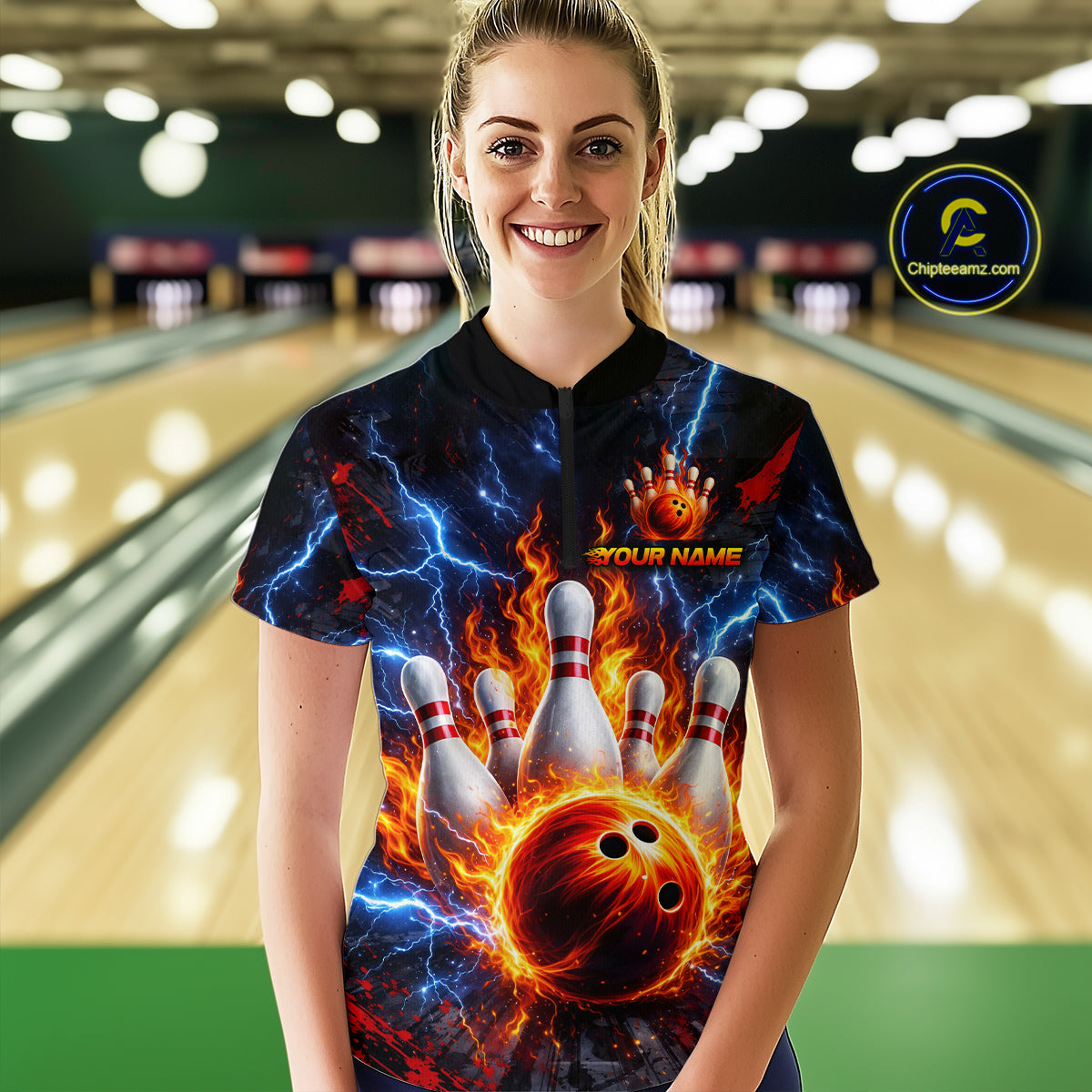 Flaming and Lightning Bowling Shirts for Team Women Men Bowling Polo & 1/4 Zip Shirt MBL242