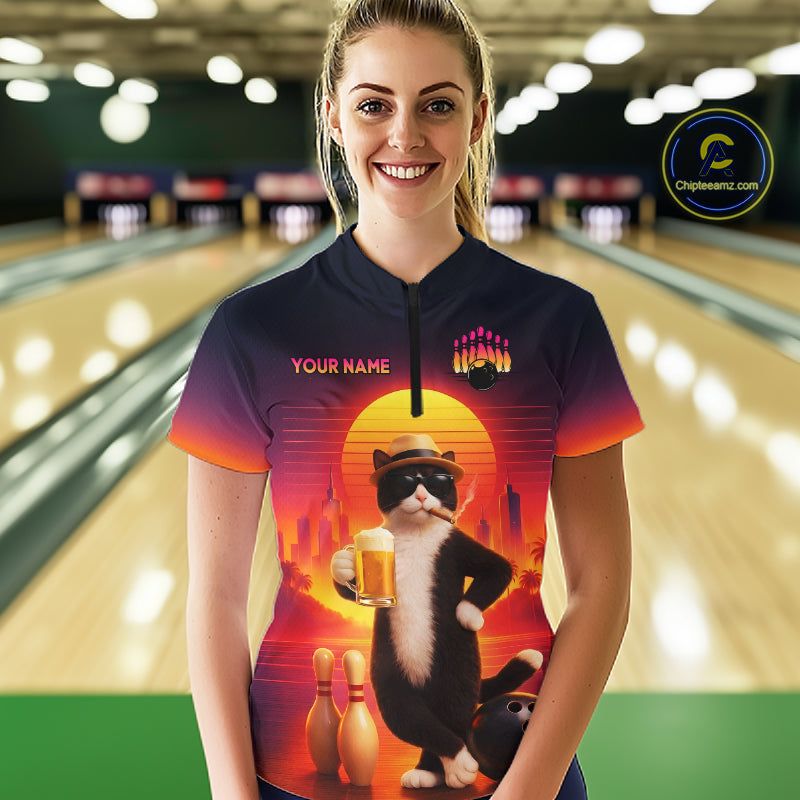Beer Cat Funny Bowling Shirt for Women Retro Custom Cat with Beer Bowling Team Jersey HNT274