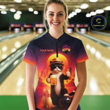 Load image into Gallery viewer, Custom Beer Cat Retro Bowling Shirt for Women Cat Funny Beer Bowling Team Jersey Polo &amp;1/4 Zip HNT275