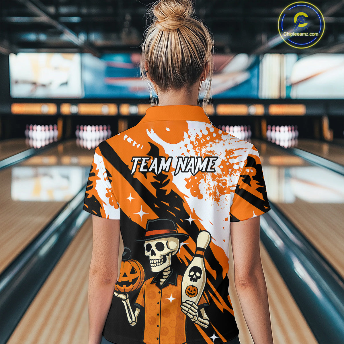 Orange Funny Skull Bowling Shirt for Women Personalized Polo & 1/4-Zip Bowling Jersey Halloween QZT768