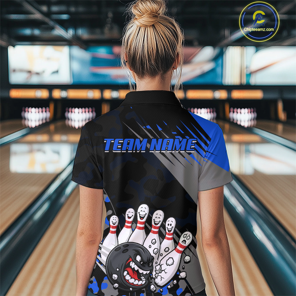 Custom Blue Funny Bowling Shirt Crazy Bowling Jersey Women Polo & 1/4 Zip Bowling Outfit QZT785