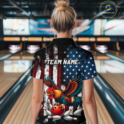 Custom Rooster US Flag Bowling Jersey for Women Bowling Team Shirts Bowling Polo & 1/4 Zip HNT259