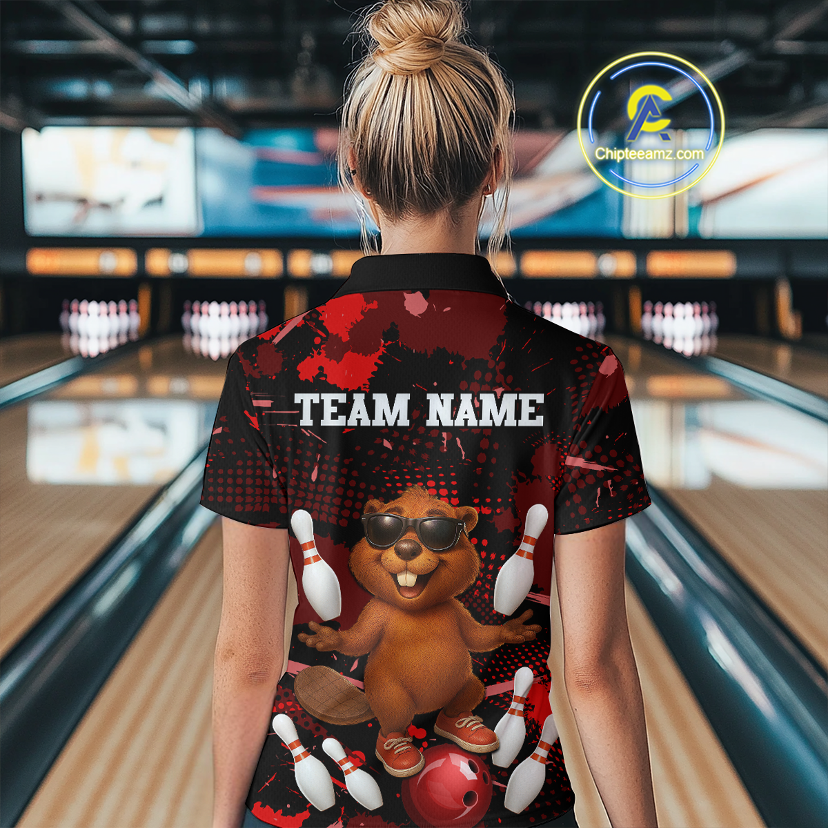 Custom Red Funny Beaver Bowling Team Shirt Women Bowling League Jersey Polo Bowling Outfit QZT764