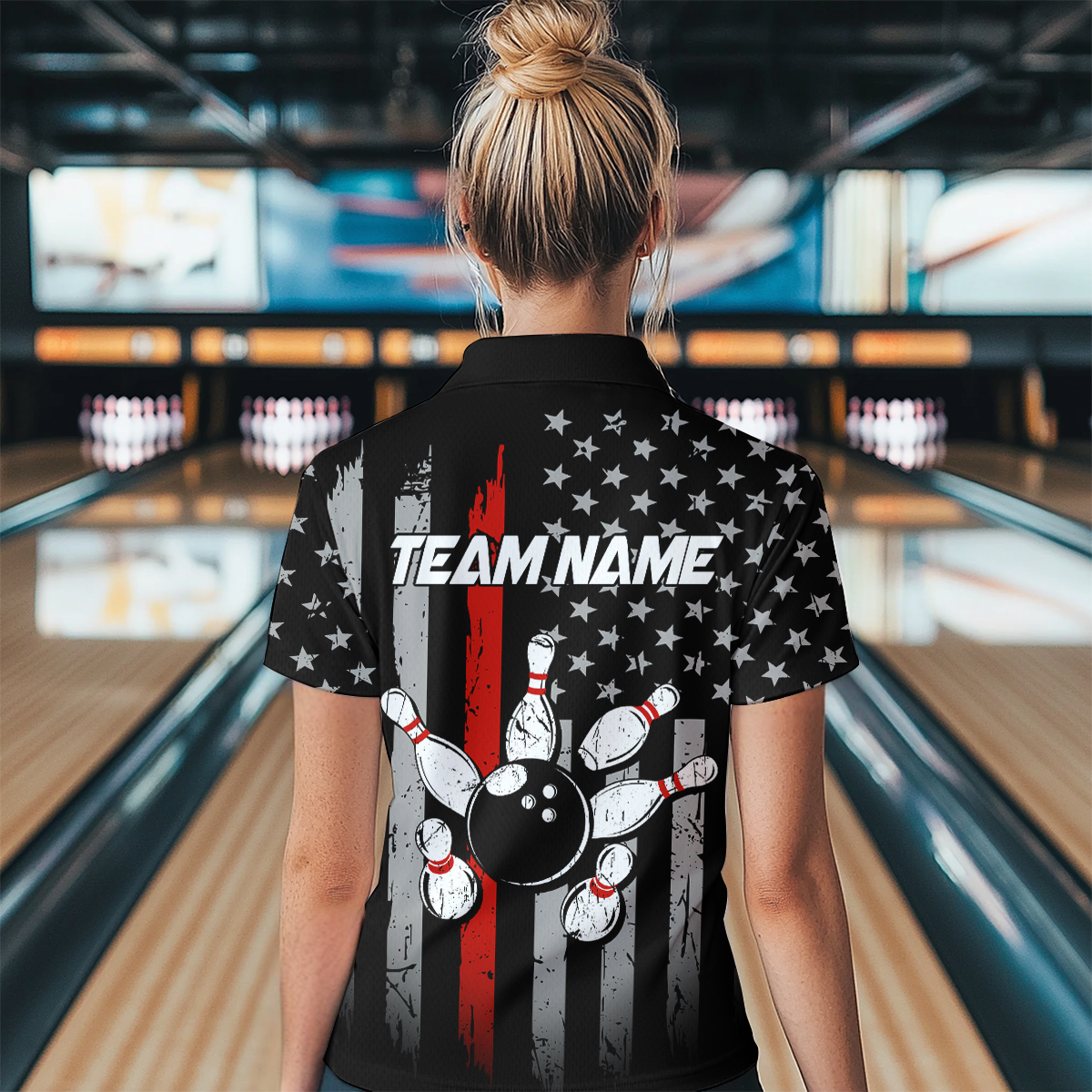 US Red Flag Bowling Shirt for Women Custom Name Polo & Quarter-Zip Bowling Jersey Bowling Team Shirt HNT23