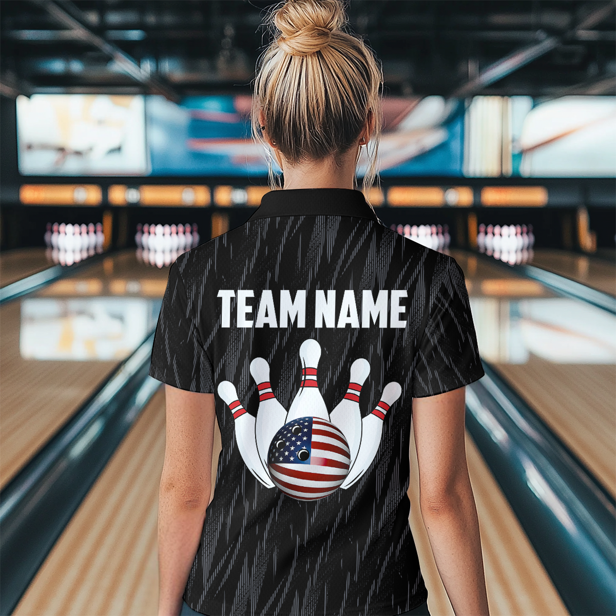 US Flag Personalized Bowling Team Shirts For Women Bowling League Polo & 1/4 Zip Shirt HNT11