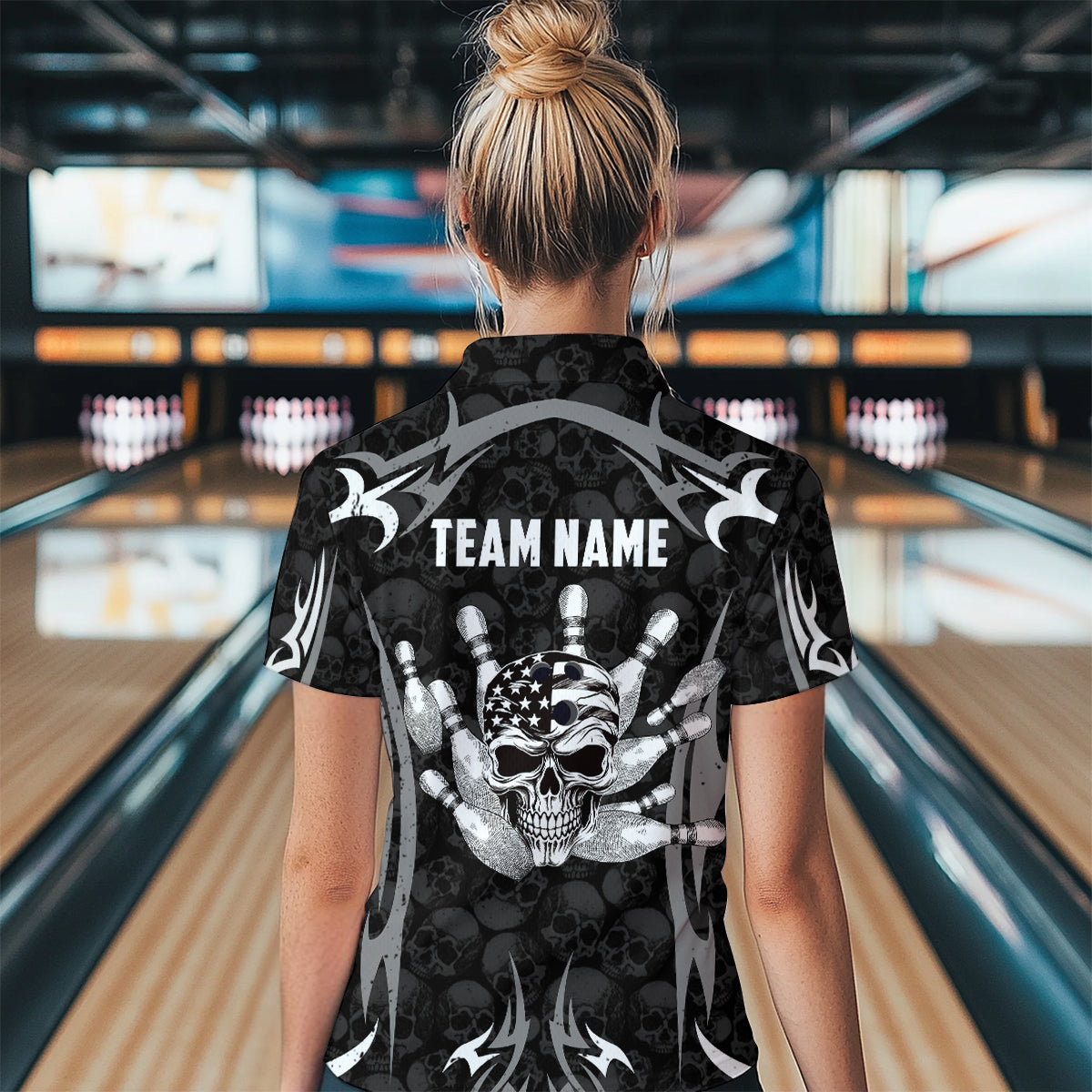 Skull Bowling Shirt for Women Personalized Patriotic Bowling Team Jersey Shirts Polo & Quarter-Zip HNT32