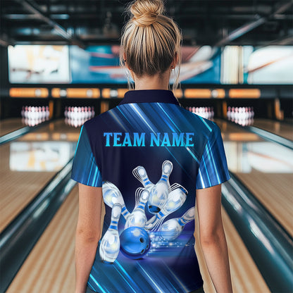 Custom Blue Bowling Jersey for Women Bowling Team Shirts Bowling Uniform Polo & 1/4 Zip HNT162