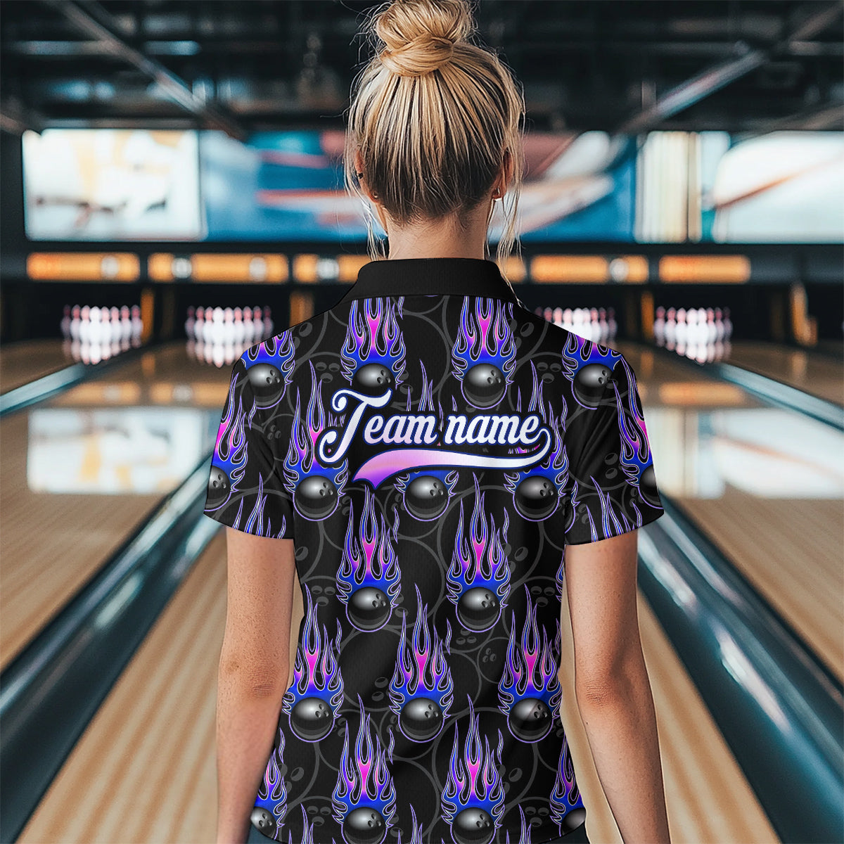 Black Bowling Ball Camo Blue Flame Bowling Polo, 1/4 Zip Shirt for Women Custom Bowling Team Jersey NQS9480