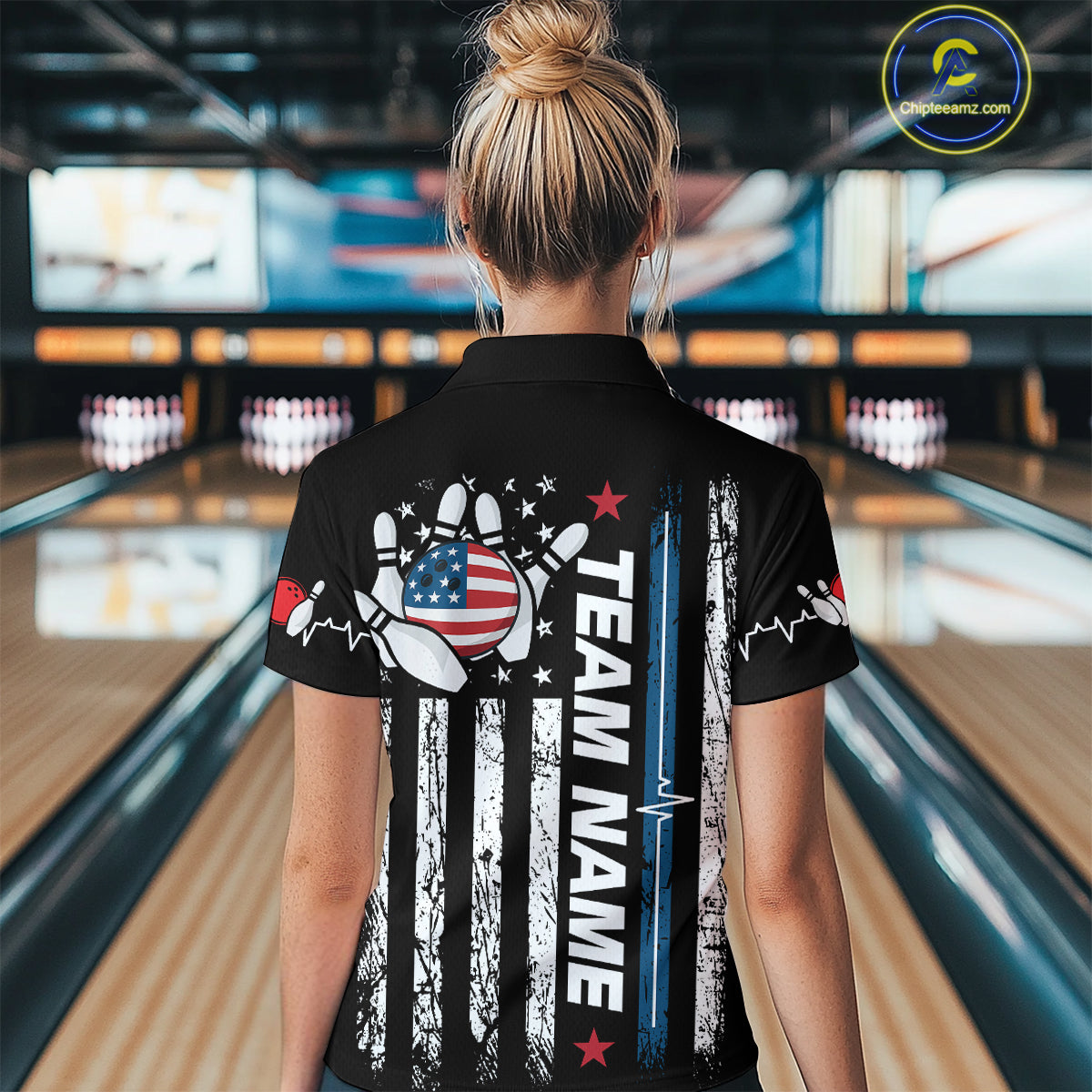 American Flag Bowling Custom Women Bowling Shirt Polo & Quarter-Zip Bowling Team Jerseys HNT54