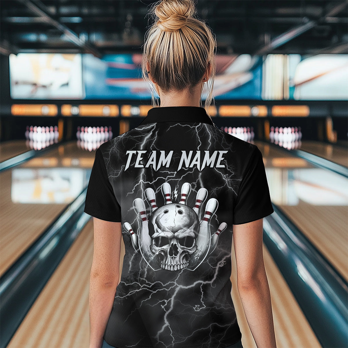 Skull Bowling League Shirt Women Bowling Jersey Team Lightning Thunder Bowling Quarter-Zip Shirt BDT335