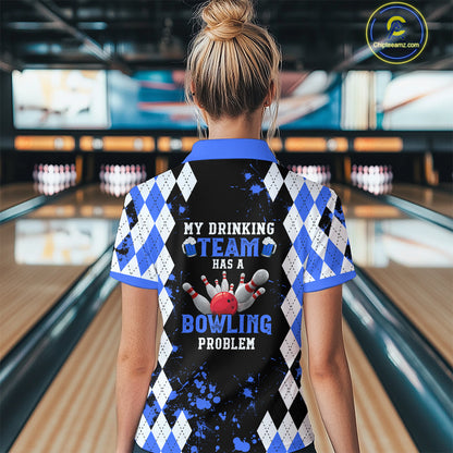 Blue argyle pattern Retro Bowling Shirts For Women Custom My drinking team has a bowling problem NQS9824