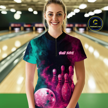 Green and Pink Smoke Bowling Shirts for Women Men Team Bowling Polo & Quarter Zip MBL129