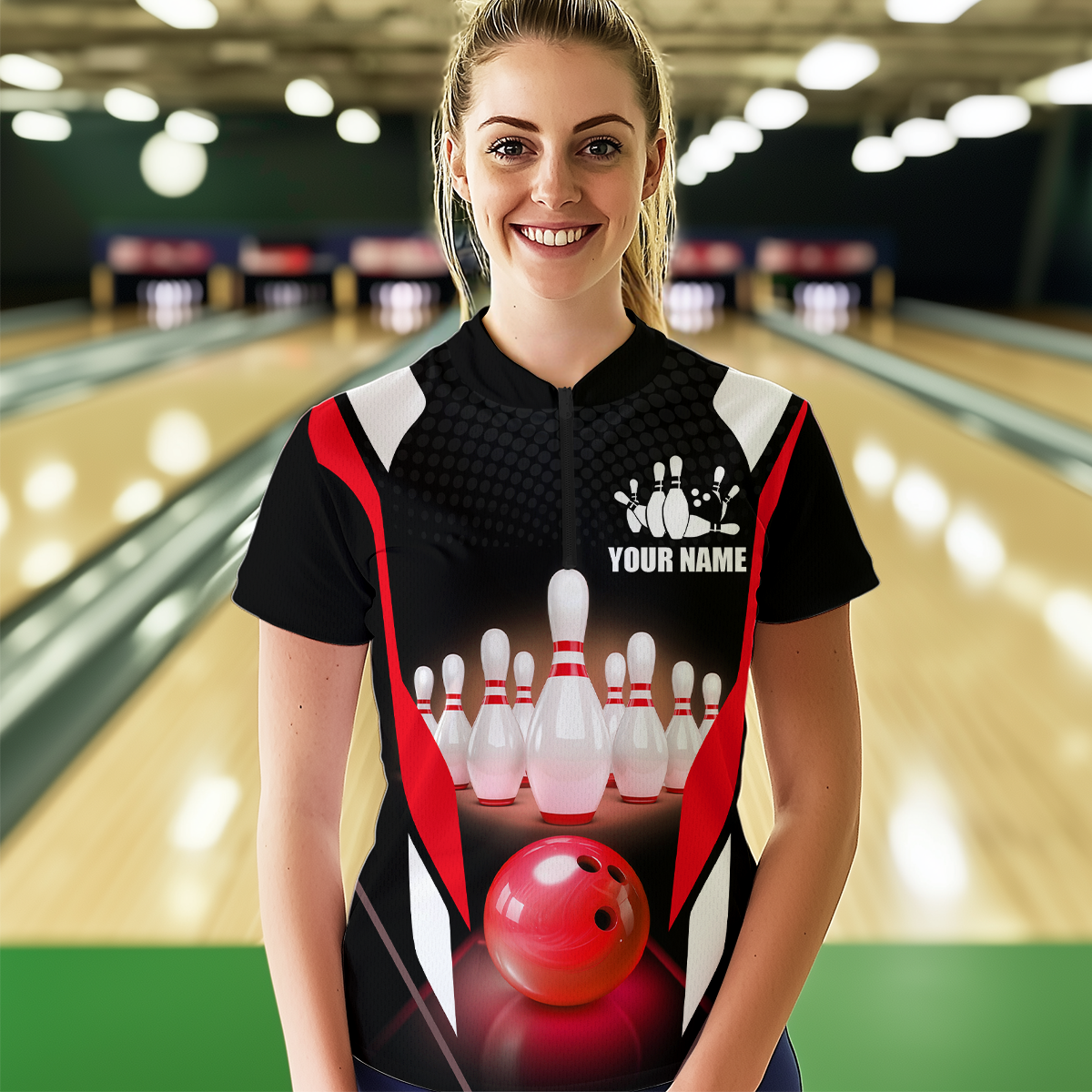 Red Bowling Shirt for Men and Women Bowling Jersey with Team Bowling Polo & 1/4 Zip MBL42