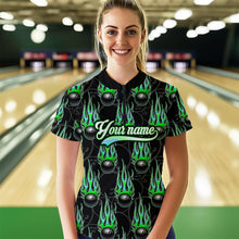 Load image into Gallery viewer, Black Bowling Ball Camo Green Flame Bowling Polo, 1/4 Zip Shirt for Women Custom Bowling Team Jersey NQS9479
