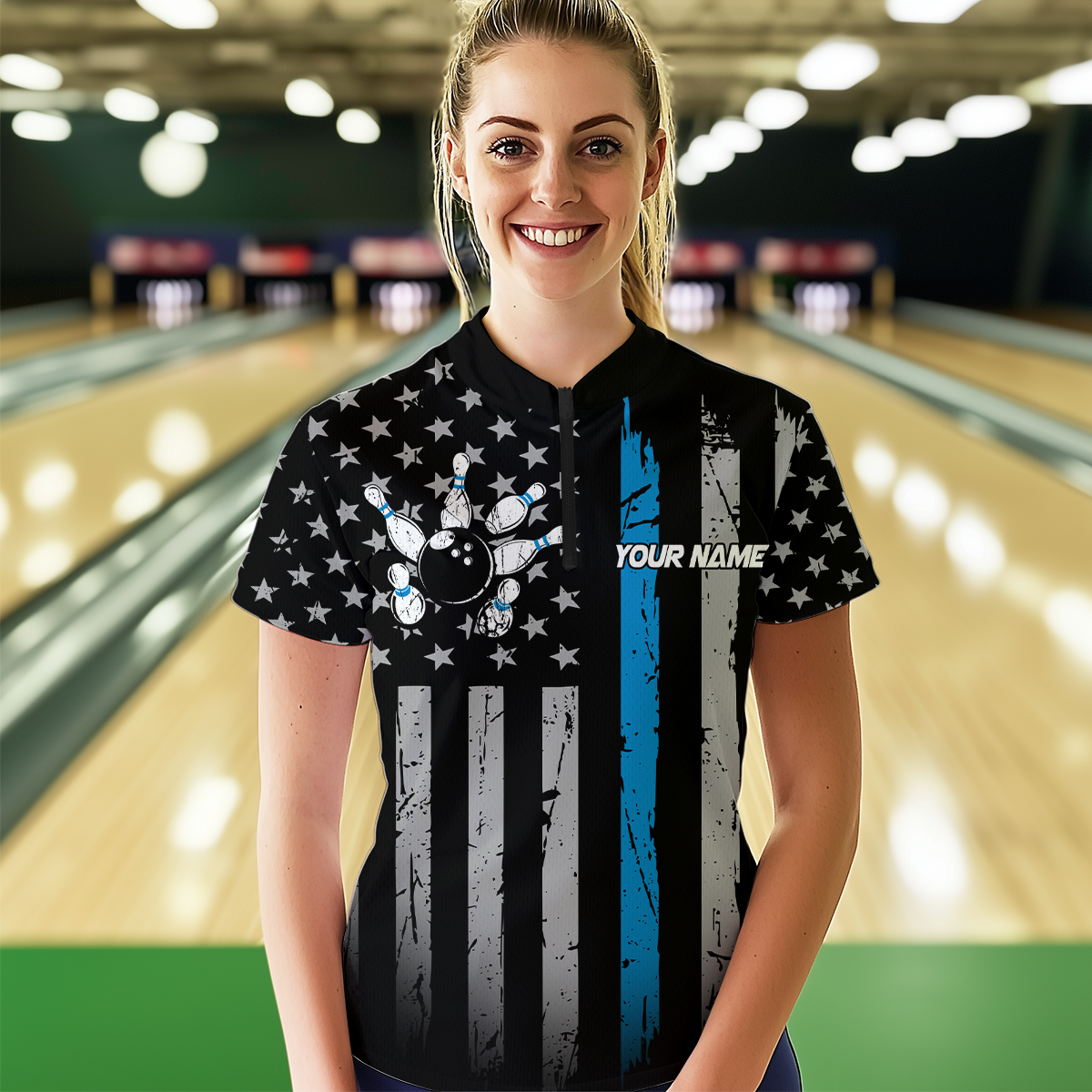 US Blue Flag Bowling Shirt for Women Custom Name Polo & Quarter-Zip Bowling Jersey Bowling Team Shirt HNT23