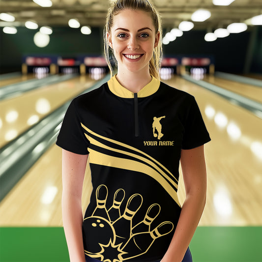 Black&Gold Bowling Quarter-Zip Shirt Women Custom Bowling Jersey Vintage Bowling Team League Shirt BDT117