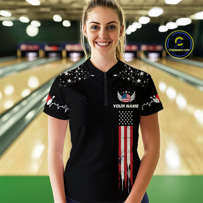 American Flag Bowling Custom Women Bowling Shirt Polo & Quarter-Zip Bowling Team Jerseys HNT54