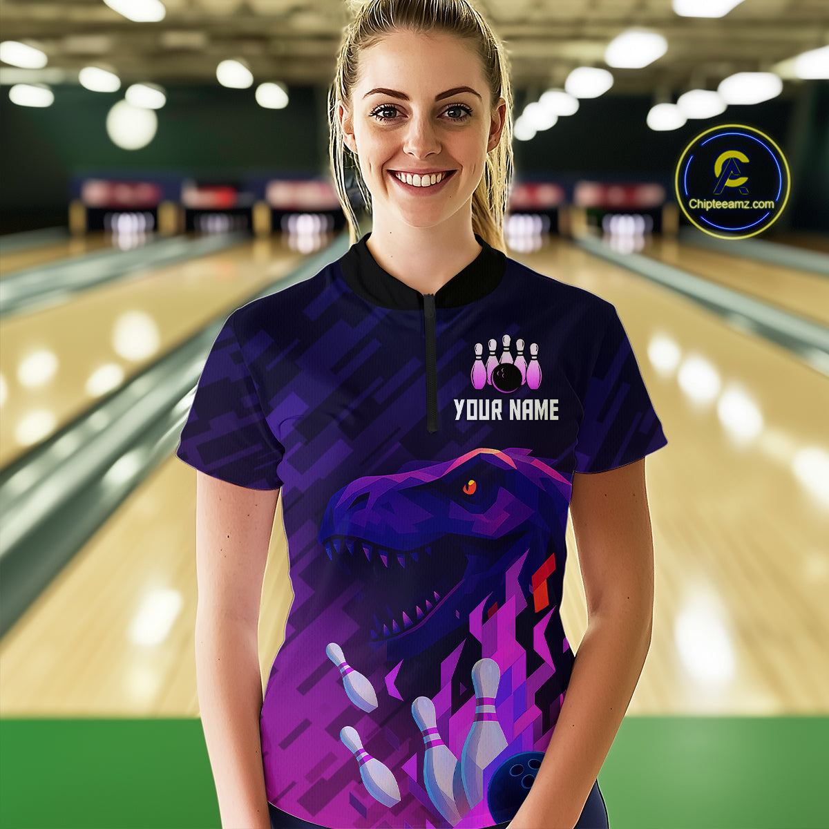 Dinosaur Purple Bowling Shirts for Men Women Custom Team Bowling Jerseys for Bowlers MBL133