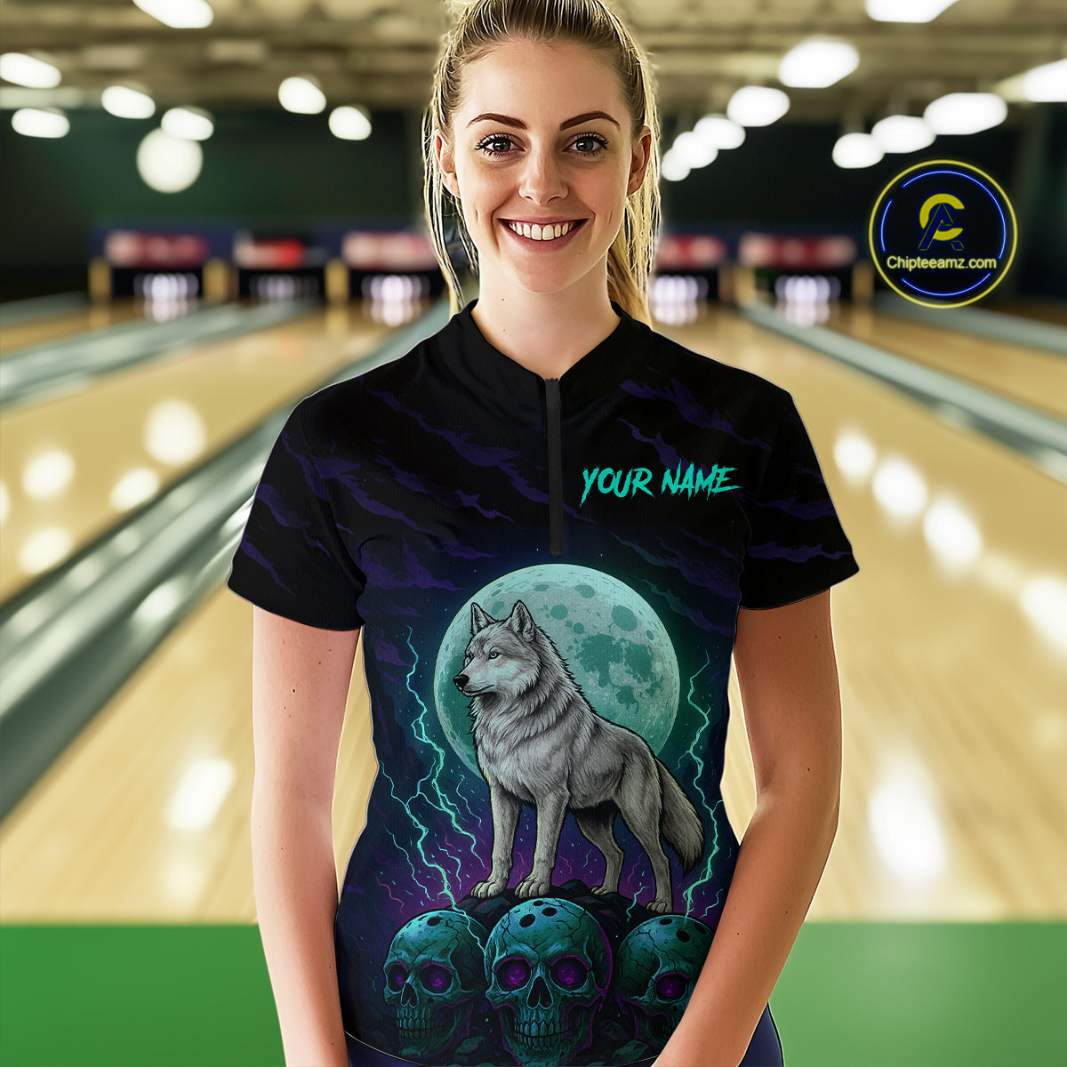 Teal And Purple Wolf & Skull Bowling Team Shirt for Women Custom Bowling League Jersey Bowling Unisex QZT750