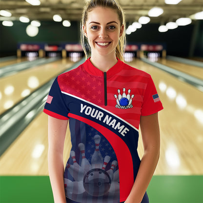 Personalized US Flag Bowling Jersey for Women Bowling Gifts Bowling Team Jersey with Name Polo & 1/4 Zip HNT28