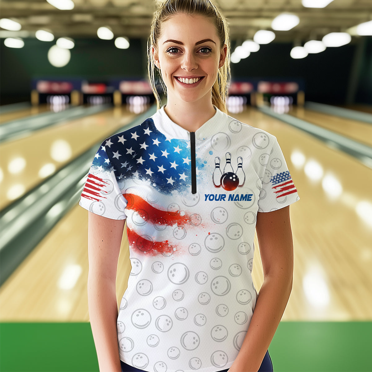 American Bowling Shirt Patriotic Bowling Shirts for Men Women Bowling Polo 1/4 Zip Shirt MBL26