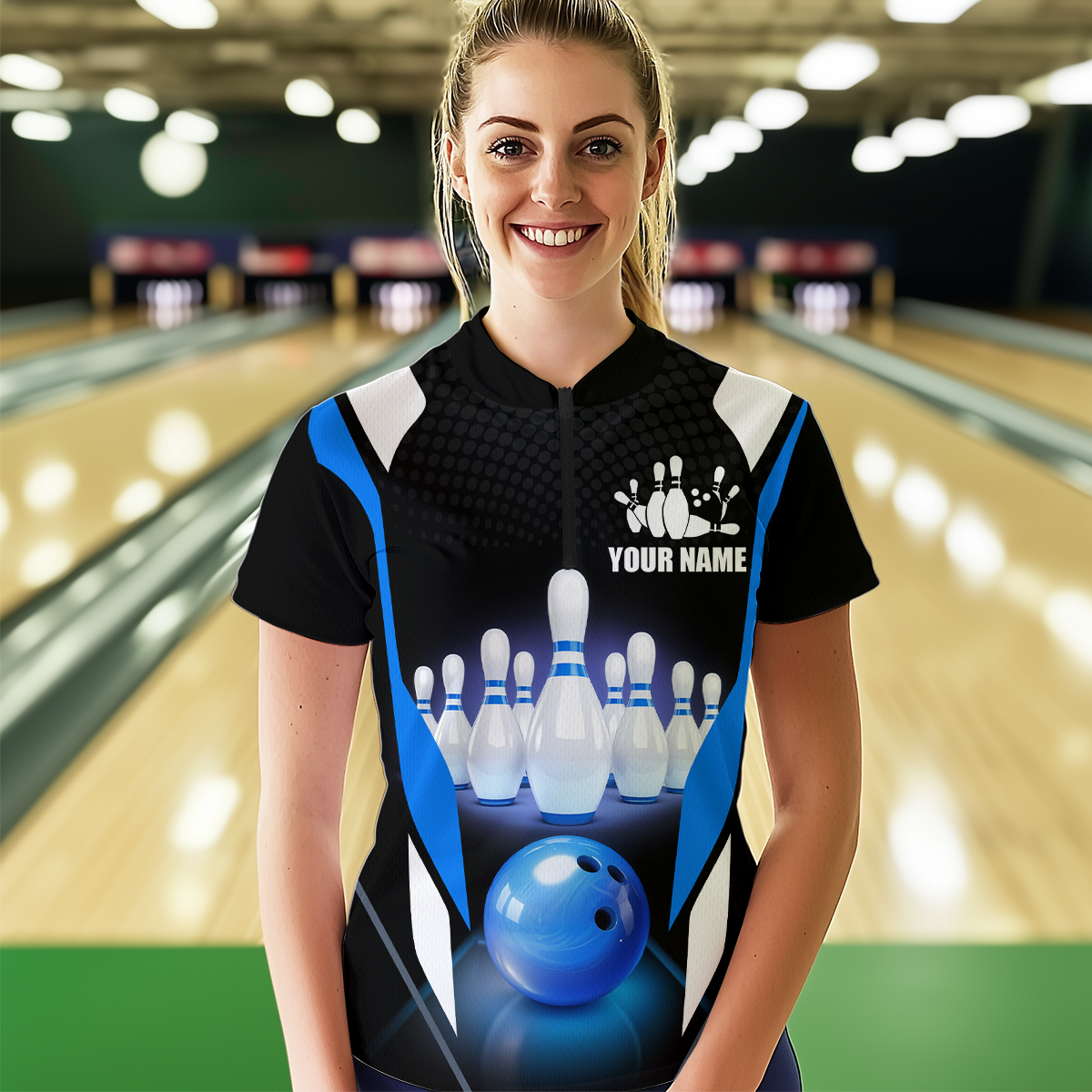 Blue Bowling Shirt for Men and Women Bowling Jersey with Team Bowling Polo & 1/4 Zip MBL42