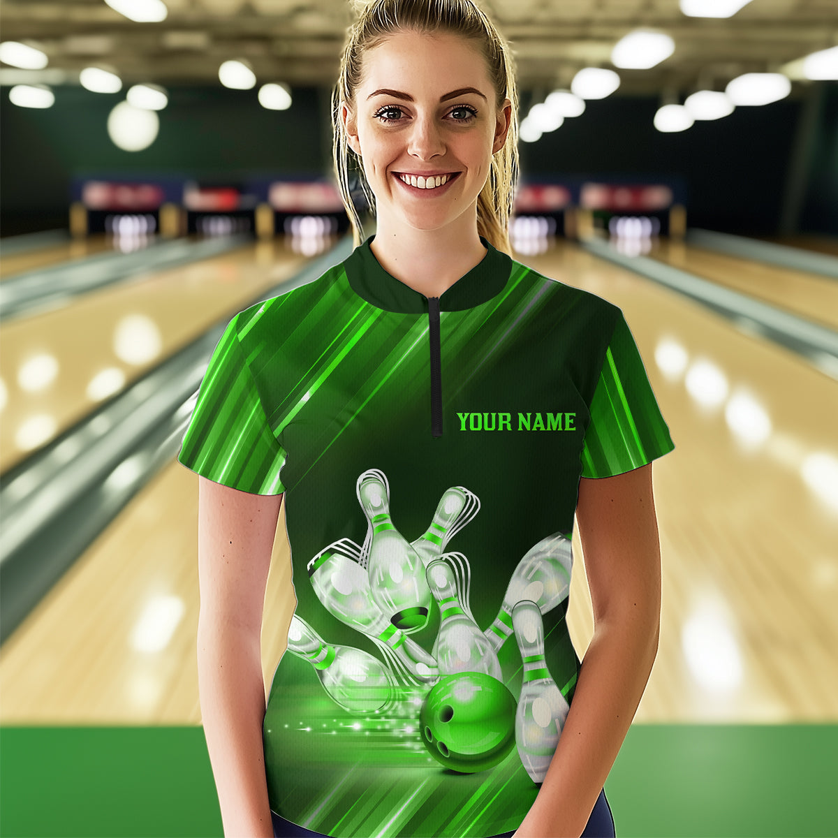 Custom Green Bowling Jersey for Women Bowling Team Shirts Bowling Uniform Polo & 1/4 Zip HNT162