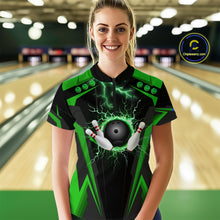 Load image into Gallery viewer, Black Women bowling Polo, 1/4 Zip shirt Custom lightning thunder team league bowling jersey | Green NQS10374