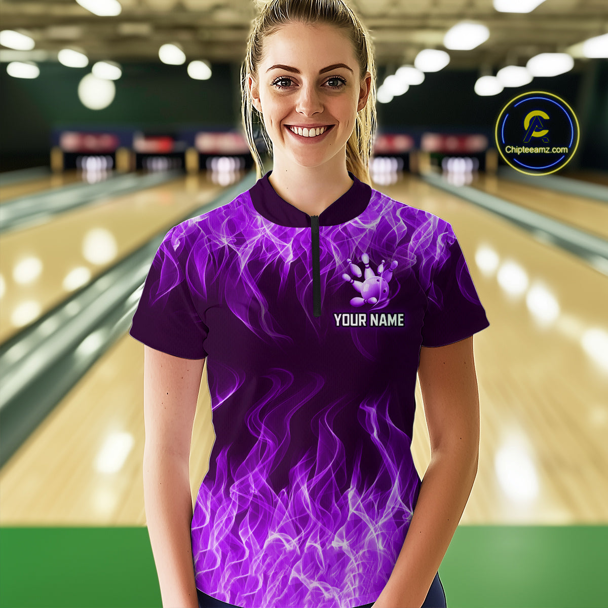 Custom Purple Flame Bowling Jersey for Women Polo & 1/4 Zip Bowling Team Shirts Bowling League HNT150