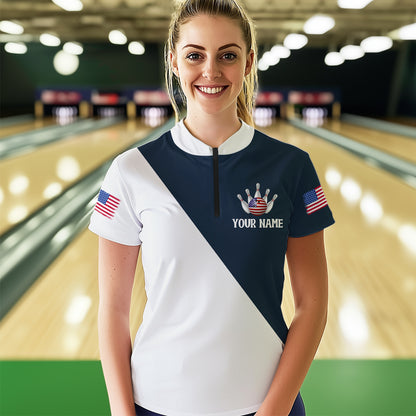 American Flag Bowling Shirts Blue&White Bowling Jersey for Men Women Bowling Jersey MBL34
