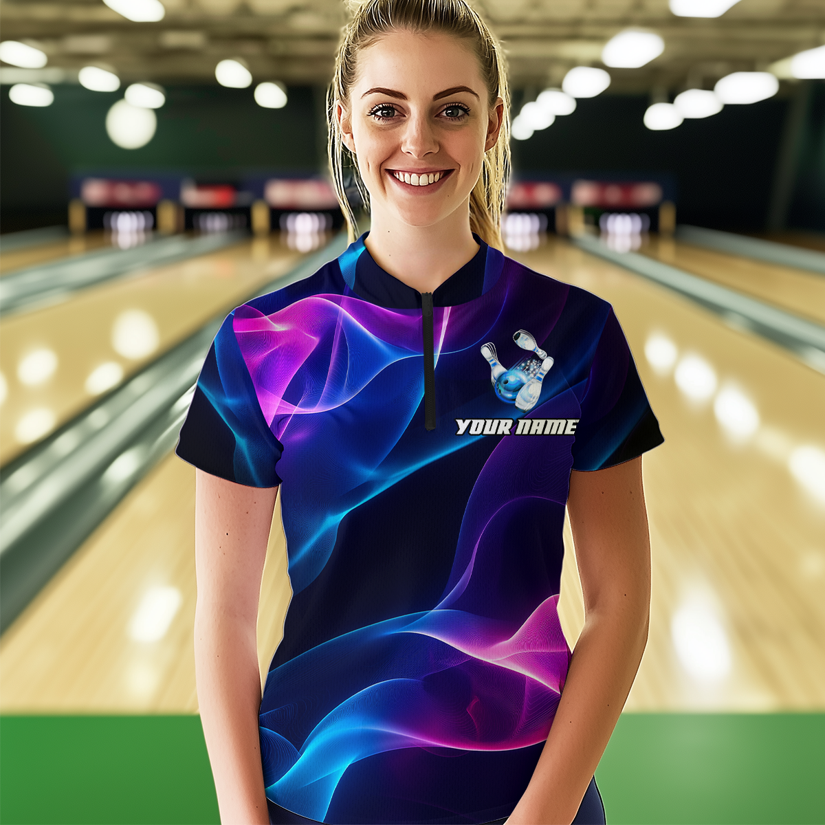 Custom Galaxy Bowling Jersey for Women Polo & 1/4 Zip Bowling Team Shirts Bowling League HNT156