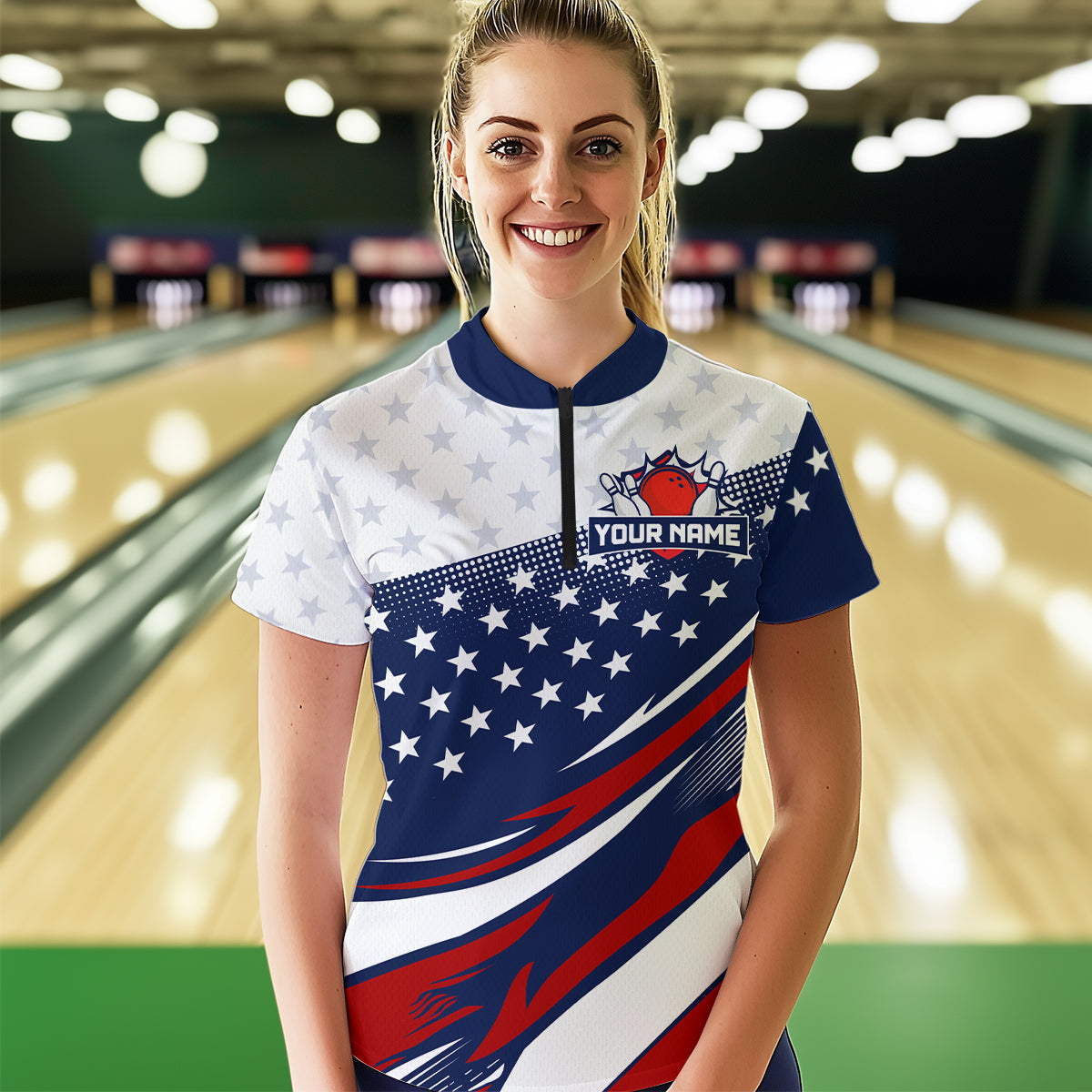 American Flag Bowling Custom Women Bowling Shirt Polo & Quarter-Zip Bowling Team Jerseys HNT50