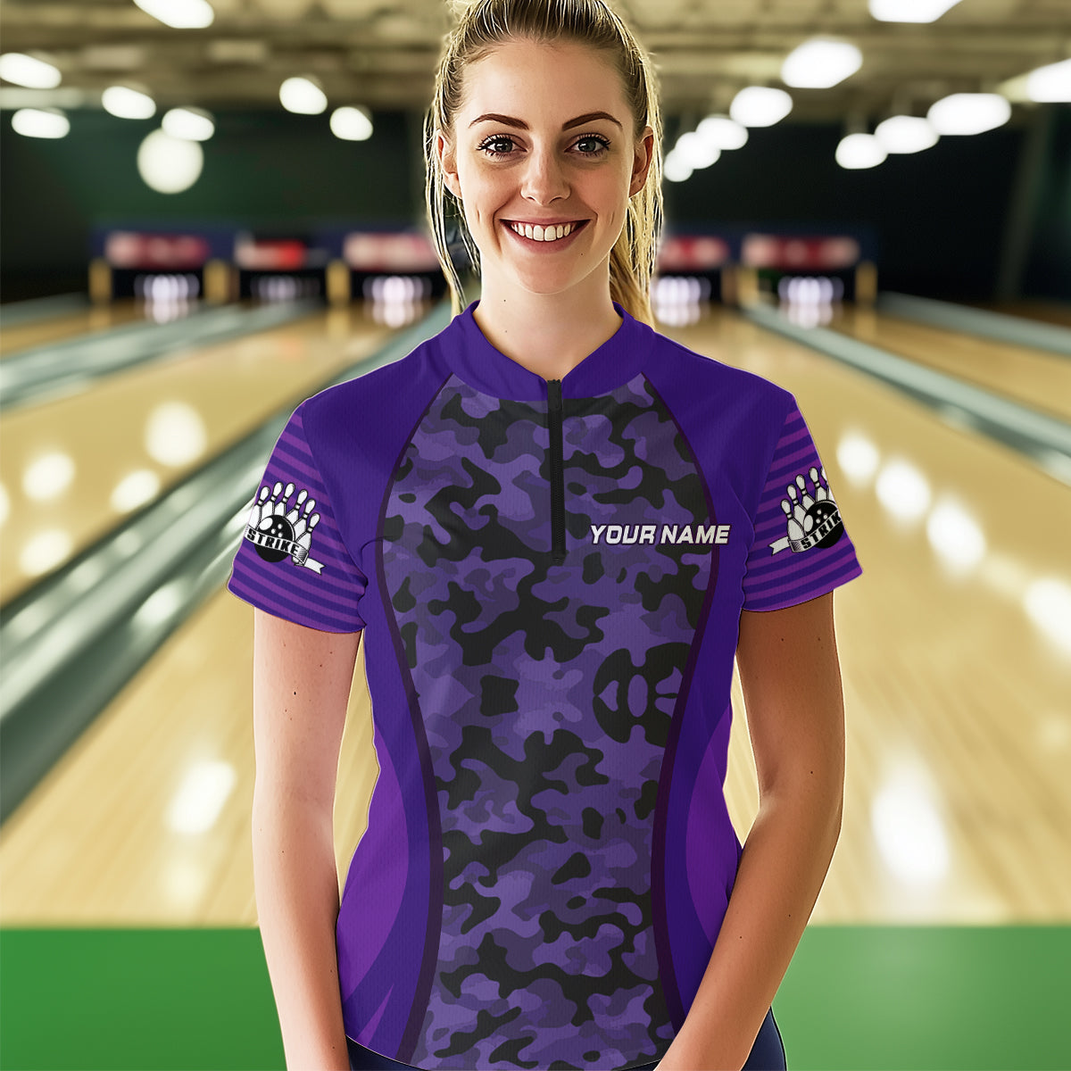 Camo Bowling Jersey For Women Bowling Team Shirt Custom Bowling Quarter-Zip Shirt BDT327
