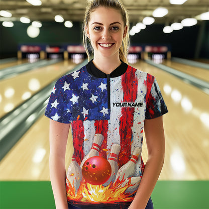 Fire American Flag Bowling Shirt Patriotic Bowling Jersey Men Women Team Polo&1/4 Zip MBL65