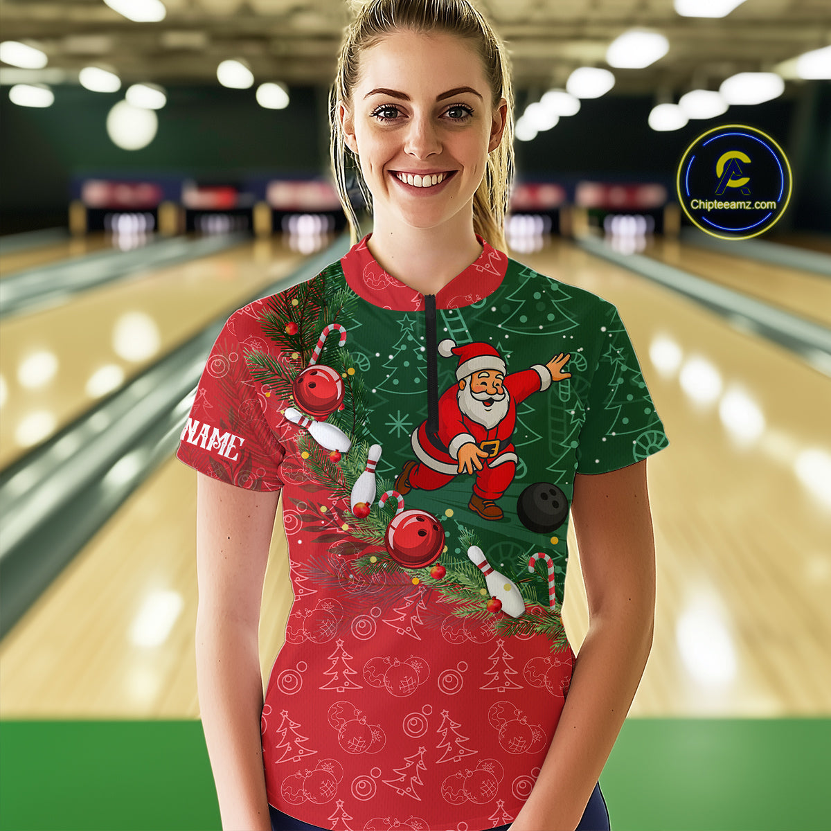Christmas Santa Women Bowling Polo, Quarter Zip Shirt Custom Christmas Team Bowling outfit For Ladies NQS10342