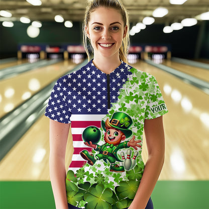 American flag St Patrick day shamrock pattern custom Team Bowling Polo, Quarter Zip shirt for Women NQS9581