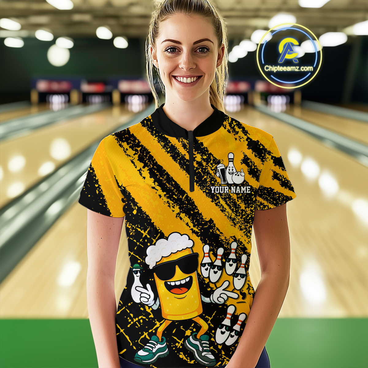 Custom Funny Beer Bowling Shirt Team Bowling League Jersey for Women Polo & 1/4-Zip QZT759