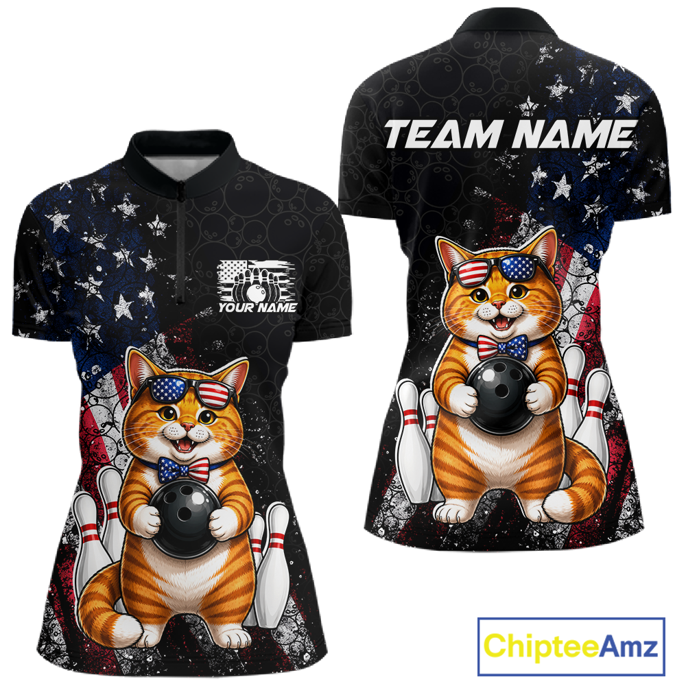 Women quarter zip shirt with a cat bowling design and 'Team Name' text on a black background with American flag pattern.